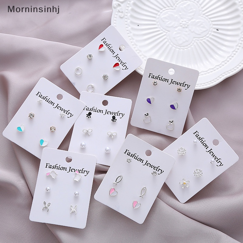 Mornin Set Anting Korea Geometris Wanita Modern Anting Tusuk Fashion Perhiasan Mutiara Kristal Anting Hati Untuk Wanita id