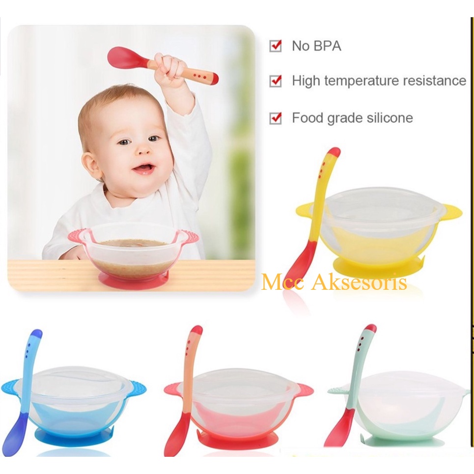 MCC Mangkok Set Bayi Anti Tumpah Sensor Panas Tempat Makan Bayi Silicon Mangkok Anti Slip Alat Makan Bayi FREE Sendok Murah Import