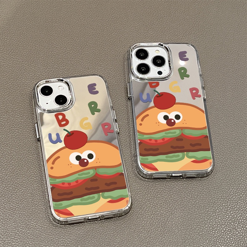 IPHONE Casing Ponsel Cermin Motif Hamburger Kompatibel Untuk Iphone11 12 13 14 12Pro 13Pro 14Pro Pro Max XR X XS Max Electroplating Tombol Perlindungan Mirror Cover