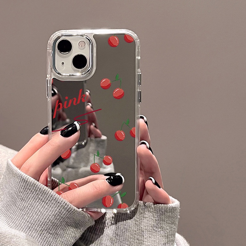 IPHONE Cherry Mirror Phone Case Kompatibel Untuk Iphone11 12 13 14 12Pro 13Pro 14Pro Pro Max XR X XS Max Electroplating Tombol Perlindungan Mirror Cover