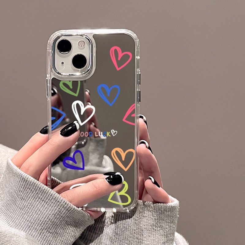 IPHONE Casing Ponsel Cermin Hati Warna-Warni Kompatibel Untuk Iphone11 12 13 14 12Pro 13Pro 14Pro Pro Max XR X XS Max Electroplating Tombol Perlindungan Mirror Cover