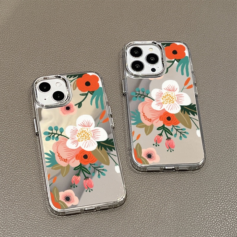 IPHONE Lukisan Bunga Cermin Ponsel Case Kompatibel Untuk Iphone11 12 13 14 12Pro 13Pro 14Pro Pro Max XR X XS Max Electroplating Tombol Perlindungan Mirror Cover