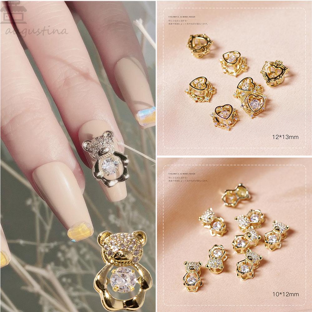 AUGUSTINA Agustin 3D Dekorasi Nail Art Mewah Mengkilap Detak Jantung Detak Beruang Manicure Tools Alloy Kuku Zirkon