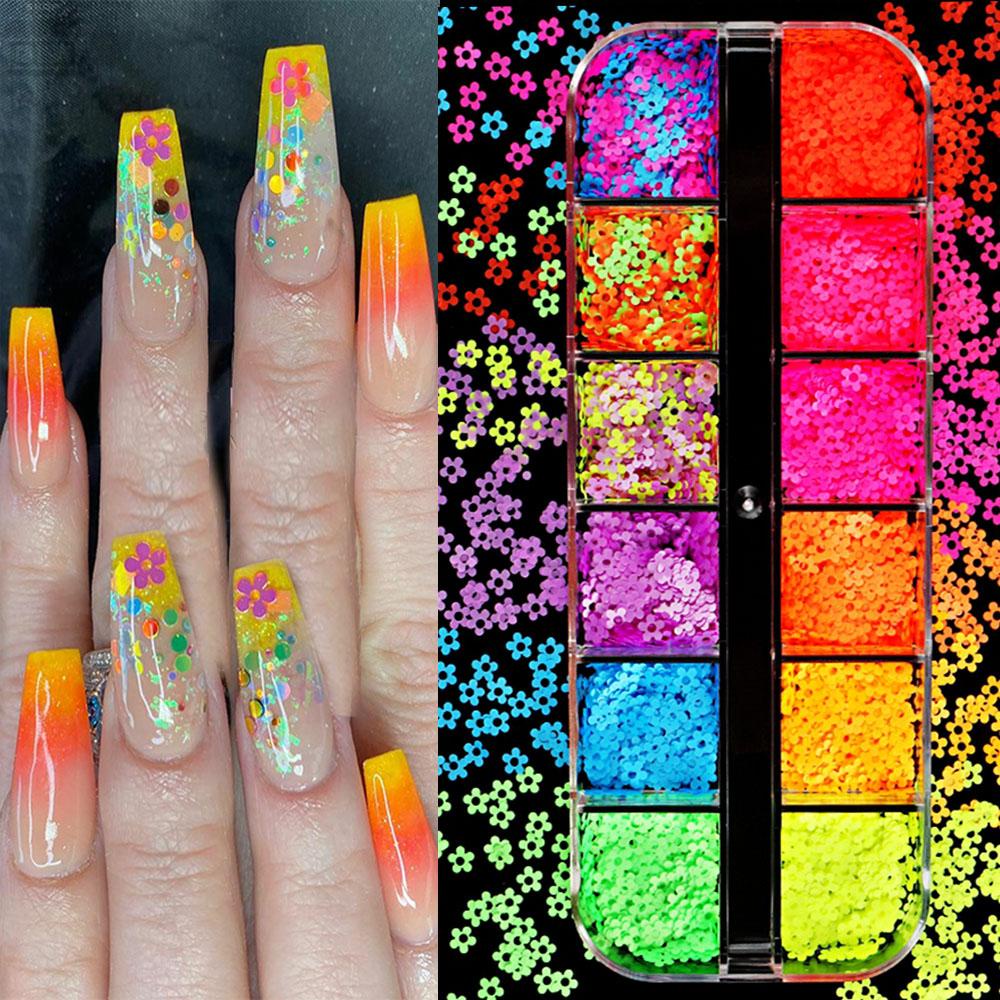 AUGUSTINA Agustina Neon Bunga Kuku Payet Gadis Kreatif Wanita Gel Polish DIY Nail Art Warna Campur Musim Semi Nail Art Irisan