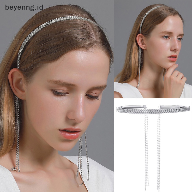 Beyen Bling Berlian Imitasi Ikat Rambut Wanita Panjang Rumbai Bow Band Headband Pernikahan Hair Band ID