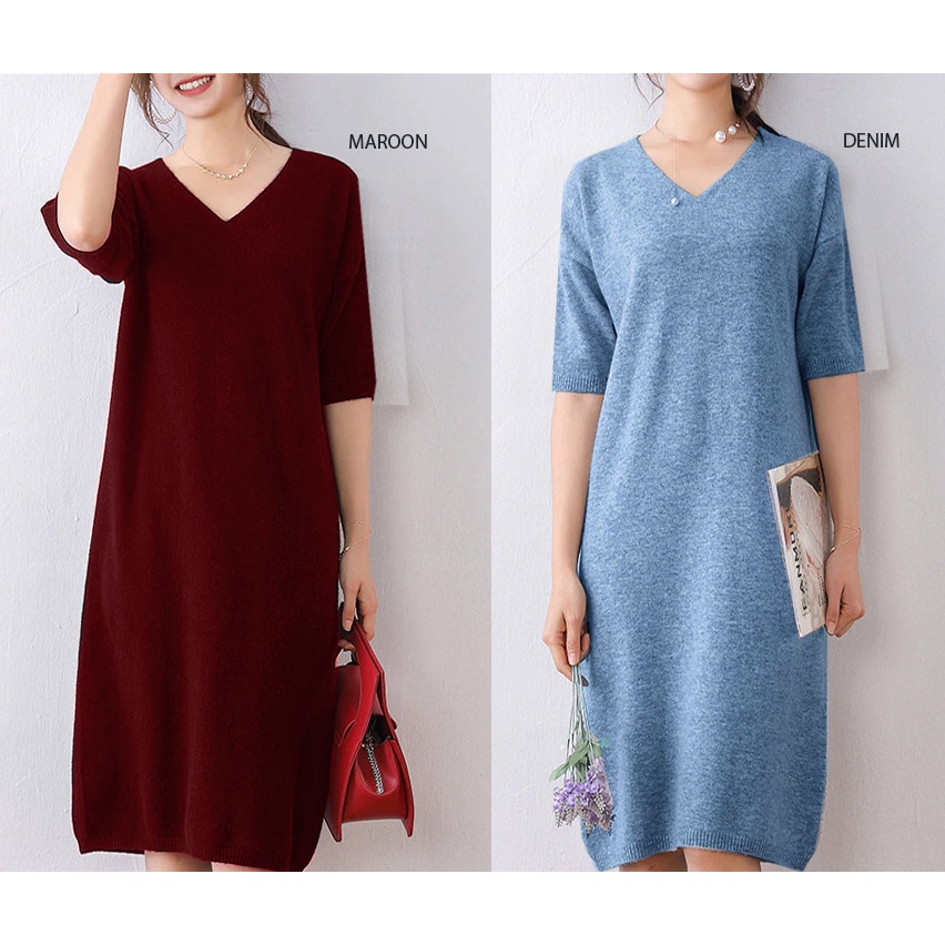 (D201) Short sleeve v neck knit dress midi rajut wanita