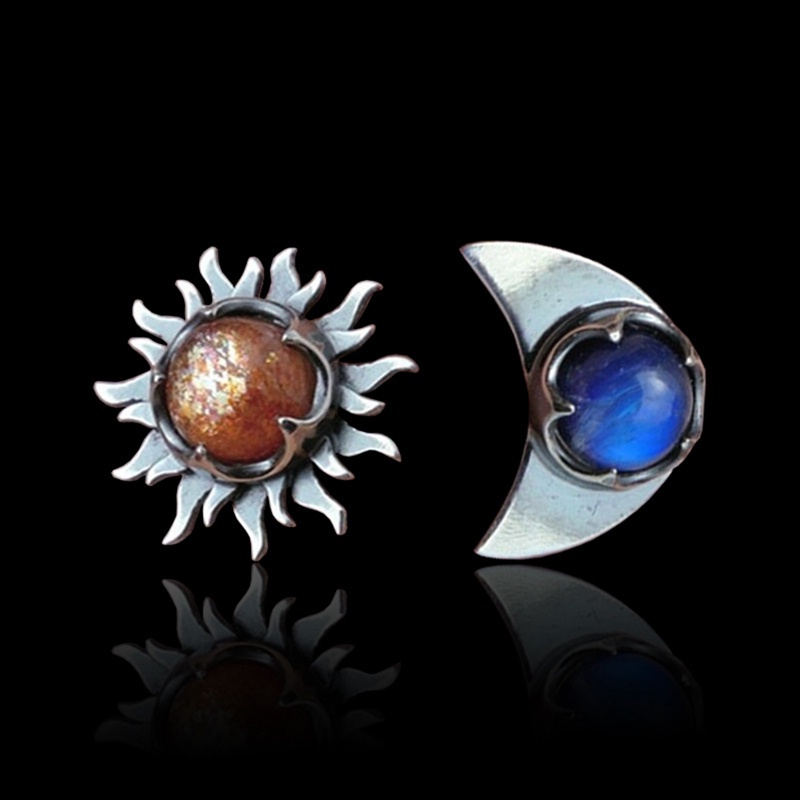 Vintage Sun And Moon Stud Earrings Bohemian Moonstone Perak Menjuntai Anting Untuk Wanita Fashion Perhiasan Aksesoris