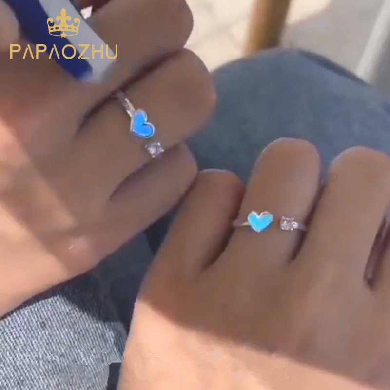 Papaozhu Korea Bercahaya Biru Cahaya Jantung Cincin Untuk Pasangan Pecinta Trendi Glow in The Dark Terbuka Cincin Persahabatan Jari Manset Perhiasan Hadiah