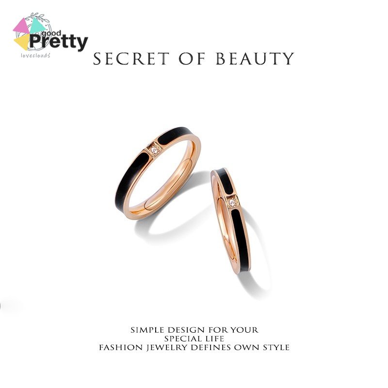 Cincin Wanita Titanium Berlian Imitasi untuk Pria Wanita Stainless Steel Aksen Cincin hitam P