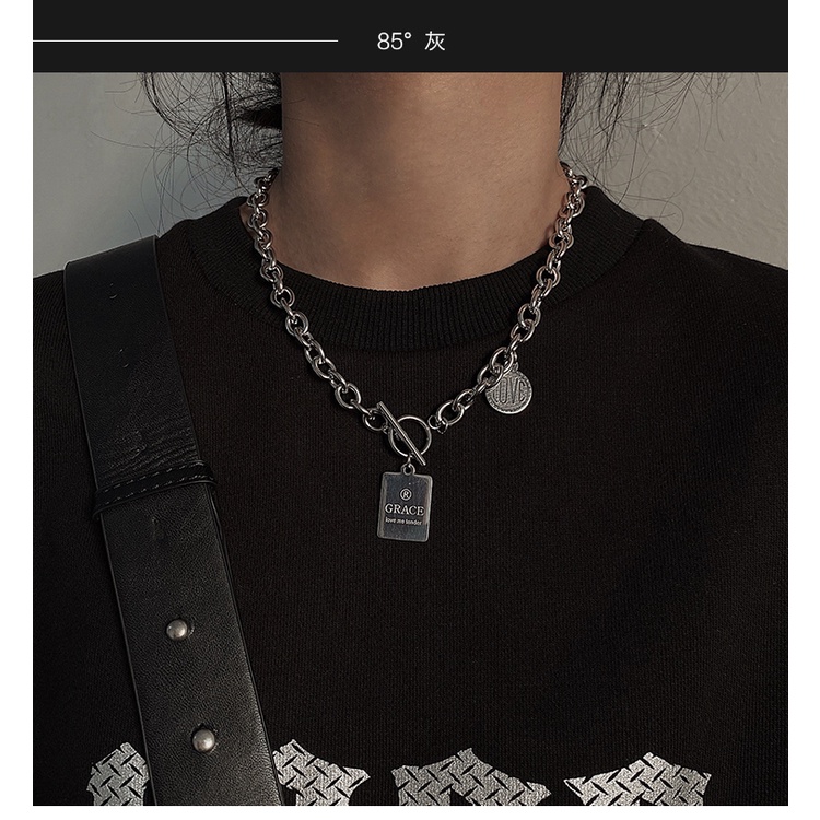 Gaya Punk All-Match Eropa Amerika Hip-Hop Tag Kalung Pria Wanita Gaya Keren Trendi Influencer Rantai Klavikula ins Cincin Gesper Kalung