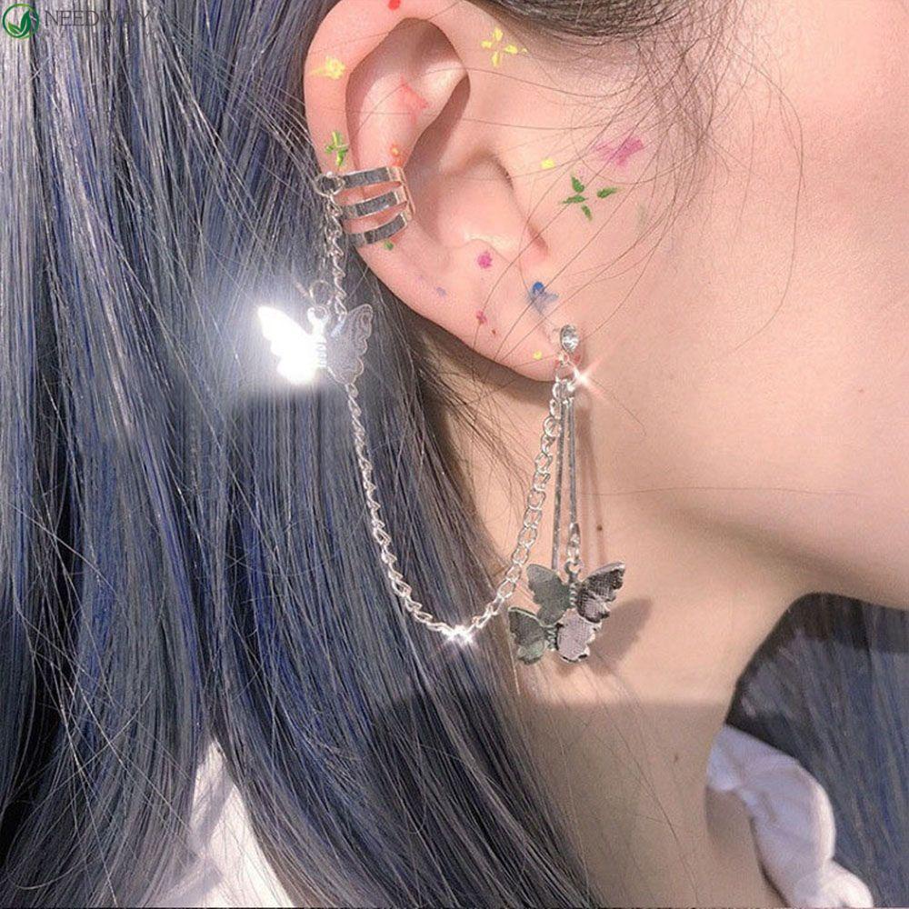 NEEDWAY Klip Telinga Retro Hip Hop Aksesoris Hadiah Untuk Wanita Rantai Panjang Warna Silver Stud Earrings