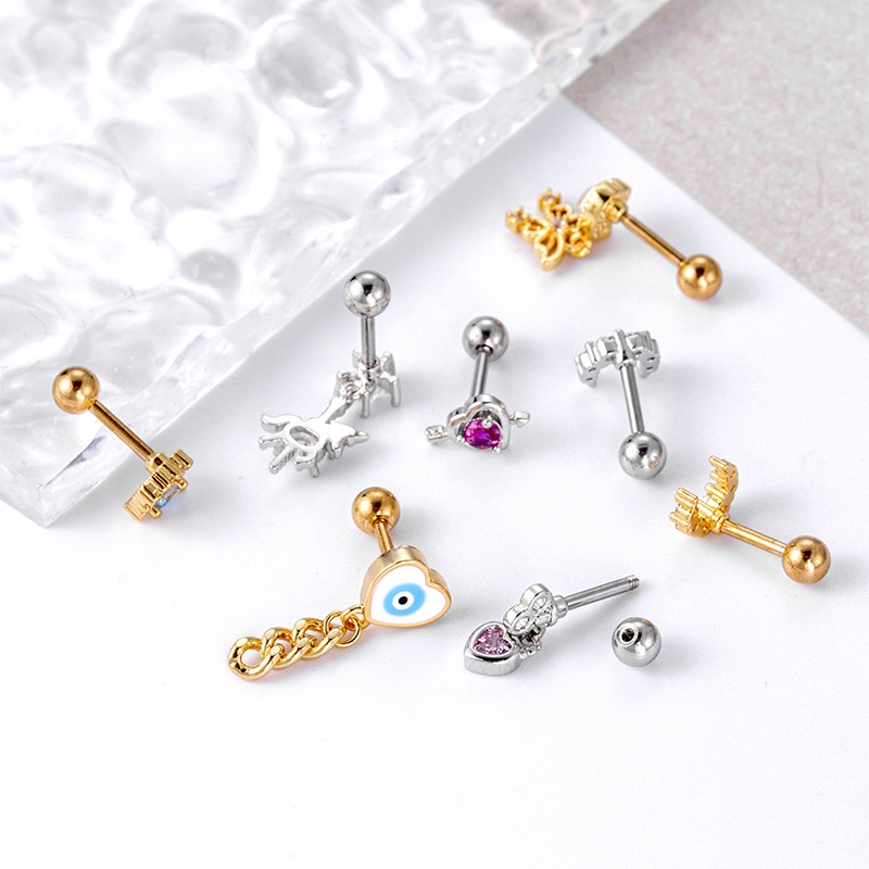 1biji Bulan Cinta Kupu-Kupu Liontin Zirkon Tulang Telinga Sekrup Batang Tebal Tulang Rawan Helix Tragus Stainless Steel Stud Earrings