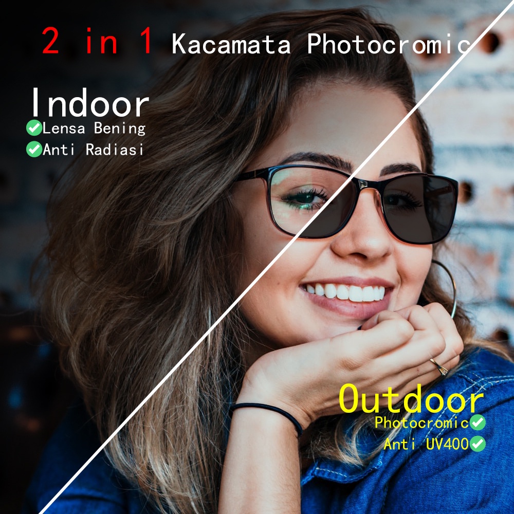 Viendo Kacamata Minus Photocromic Anti Radiasi Blueray Bluecromic Wanita Pria Cowok Korea TR90 Frame Antiradiasi Kecamata Sinar Matahari UV400 Potocromic Fotocromic Kaca Mata optik Komputer HP-3