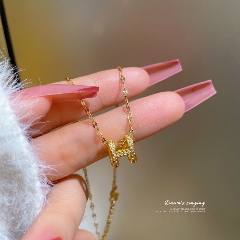Fashion Wanita Zirkon Indah Mewah Huruf H Liontin Emas Asli Kadar 375 Kalung Hadiah Pacar XL-23040