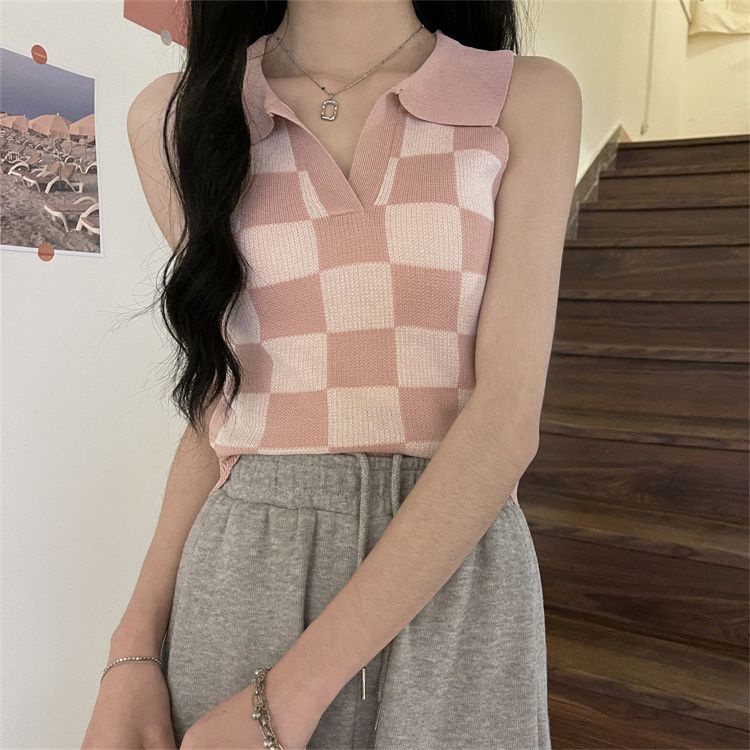 Premium Polo Rompi Rajut Wanita Kotak Kotak Sleveless Top