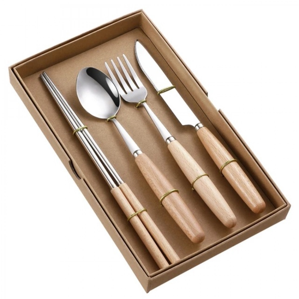 BearPaw Set Alat Makan Sendok Garpu Pisau Sumpit Cutlery Wooden Handle