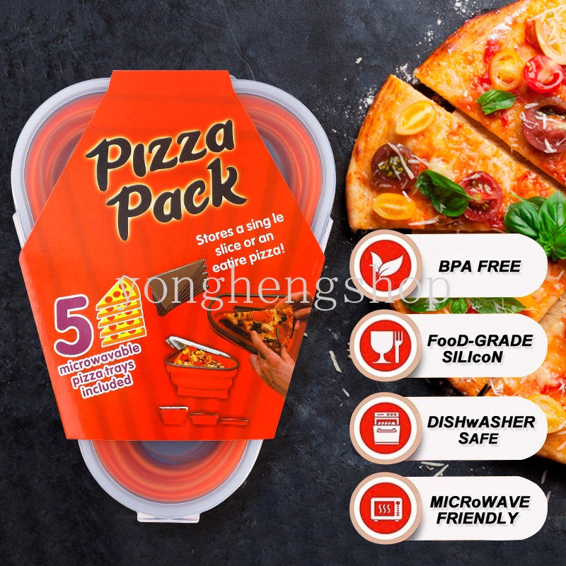 Portable Silicone Reusable Pizza Packing Box Wadah Irisan Pizza Segitiga Dapat Dilipat Dengan 5nampan Saji Microwavable Lunch Bento Box Penyimpanan Makanan Dapur