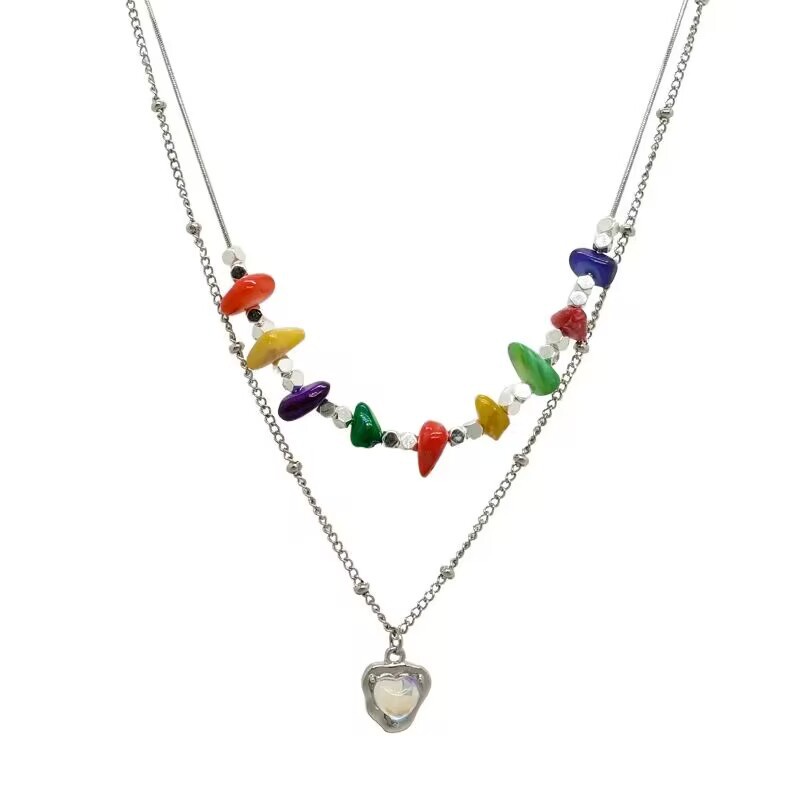 Seven Colored Stone Love Pendant Double Necklace Aksesoris Cahaya Mewah Fashion Temperamen Rantai Klavikula