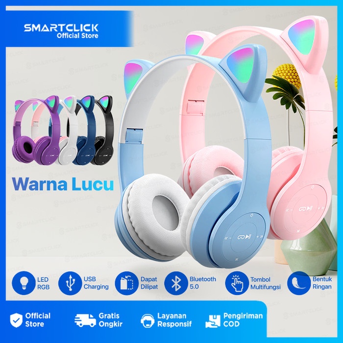 Headset Bluetooth Wireless LED Bass Telinga Kucing Stereo With Mic