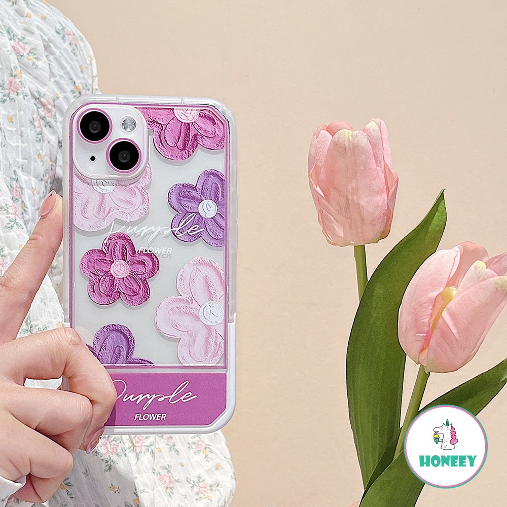 Ins Ungu Floral Invisible Bracket Phone Case Kompatibel Untuk Iphone14 13 12 11 Pro Max Casing iPhone 11xr XS 7 8Plus Lembut TPU Shockproof Back Cover