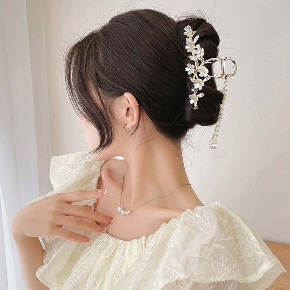 Fashion Gadis Hiu Manis Klip Gadis Mode Elegan Indah Hiasan Kepala Korea INS Gaya Mutiara Putih Bunga Sakura Rumbai Rambut Cakar Pernikahan Accessoires