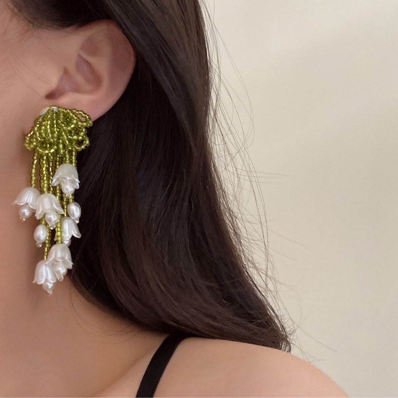 Deartiara French Vintage Manik-Manik Hijau Putih Lily of The Valley Bunga Anting Rumbai, Desain Niche Perempuan, Anting Mode Kelas Atas