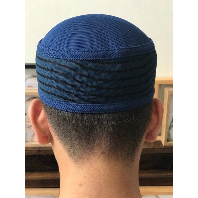 peci kopiah talibann biru dongker motif garis horizontal harga terjangkau bagus ukuran dewasa