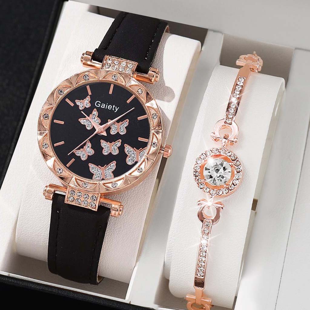termurah 2 pcs set jam tangan wanita dial berlian tali jam tangan kulit tali jam tangan kupu-kupu