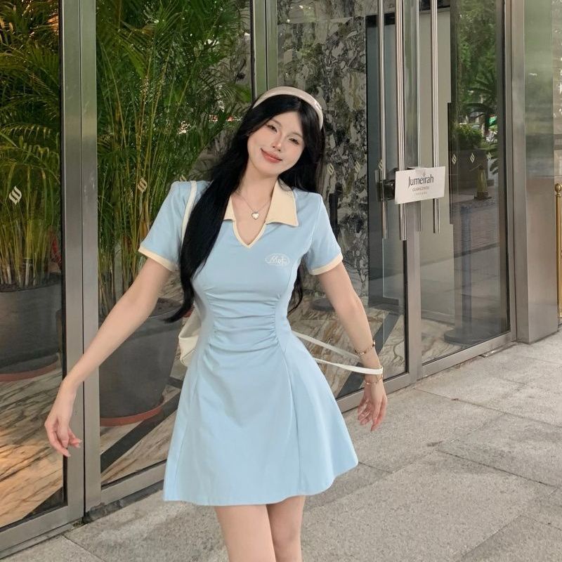 [ COD✅ ] Aroana Bergetar Gaya V-Leher Lengan Pendek Gaun Wanita Musim Panas Manis Gadis Seksi Rok A-