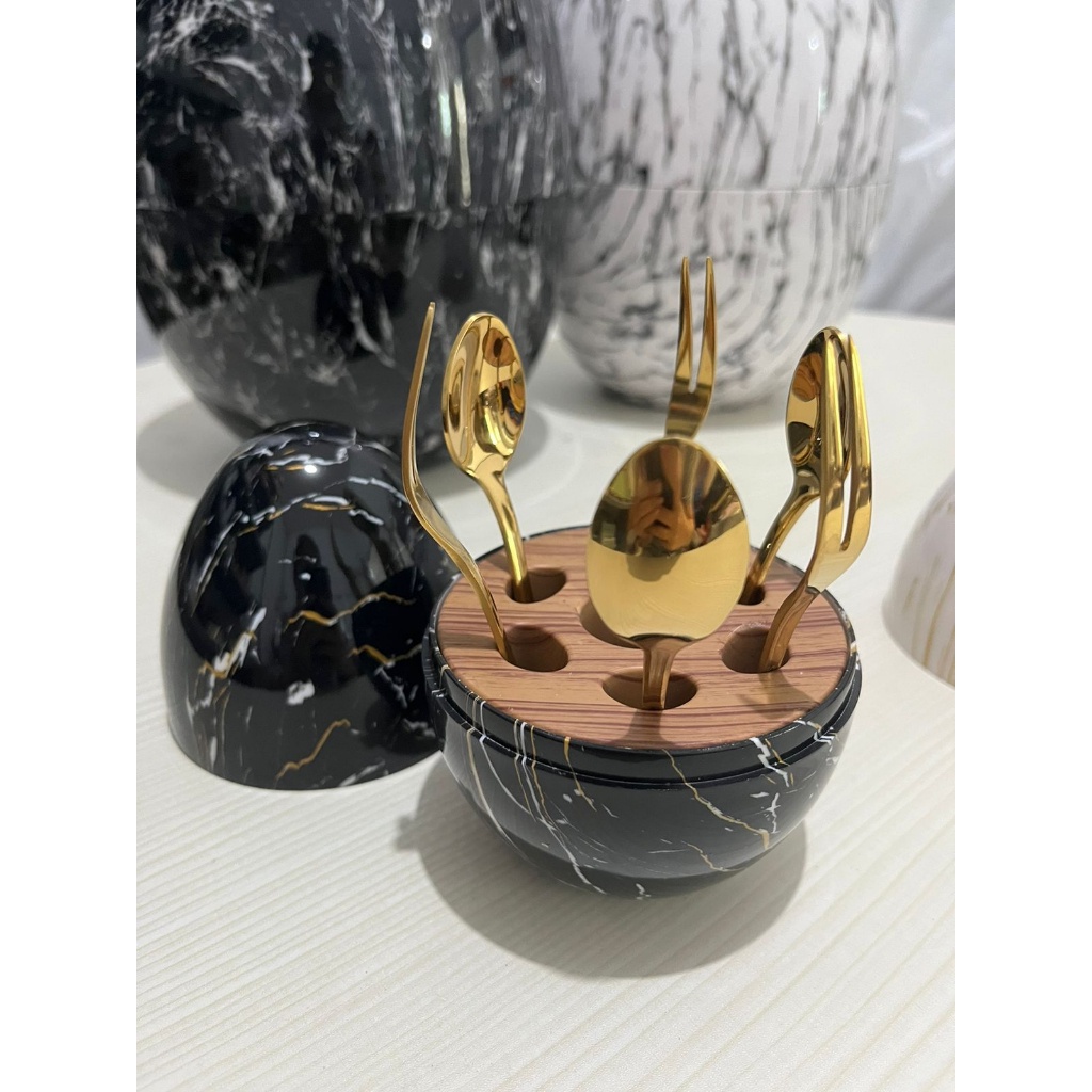 Queensbakeware Egg Spoon Gold Kecil / Sendok Emas Telor Mini Marble / Garpu kecil Gold / Sendok Keci