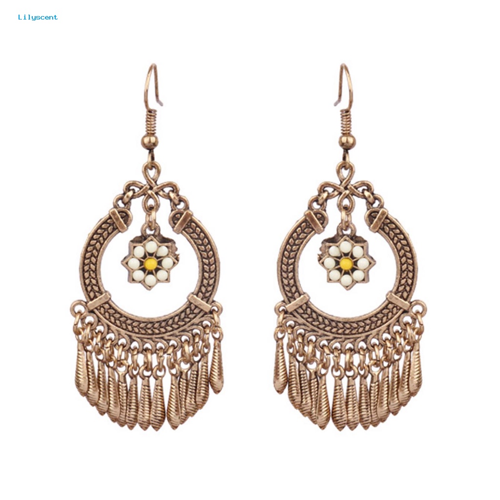 Lilyscent 1pasang Shiny Boho Earrings Perhiasan Pesta Gaya Etnik Rumbai Pesona Anting Bentuk Bunga