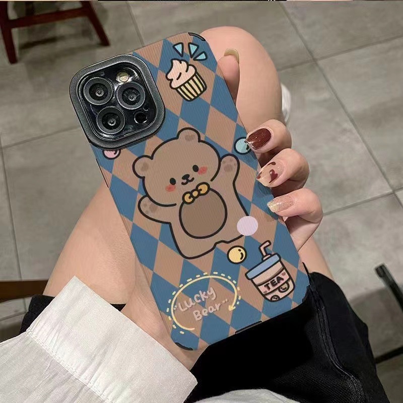 [Kulit Domba] Soft Case Kulit Untuk IPhone 6S 7plus 8plus X XS XR XS Max 11 13 12 14 PRO Max 14 Plus 12 13 Mini Ins Fashion Lucu Belah Ketupat Beruang