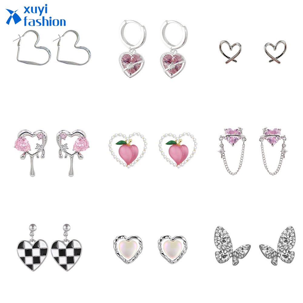 Anting Tusuk Zirkon Hati Manis Peach Mutiara Kristal Gold Silver Earring Untuk Aksesoris Perhiasan Wanita