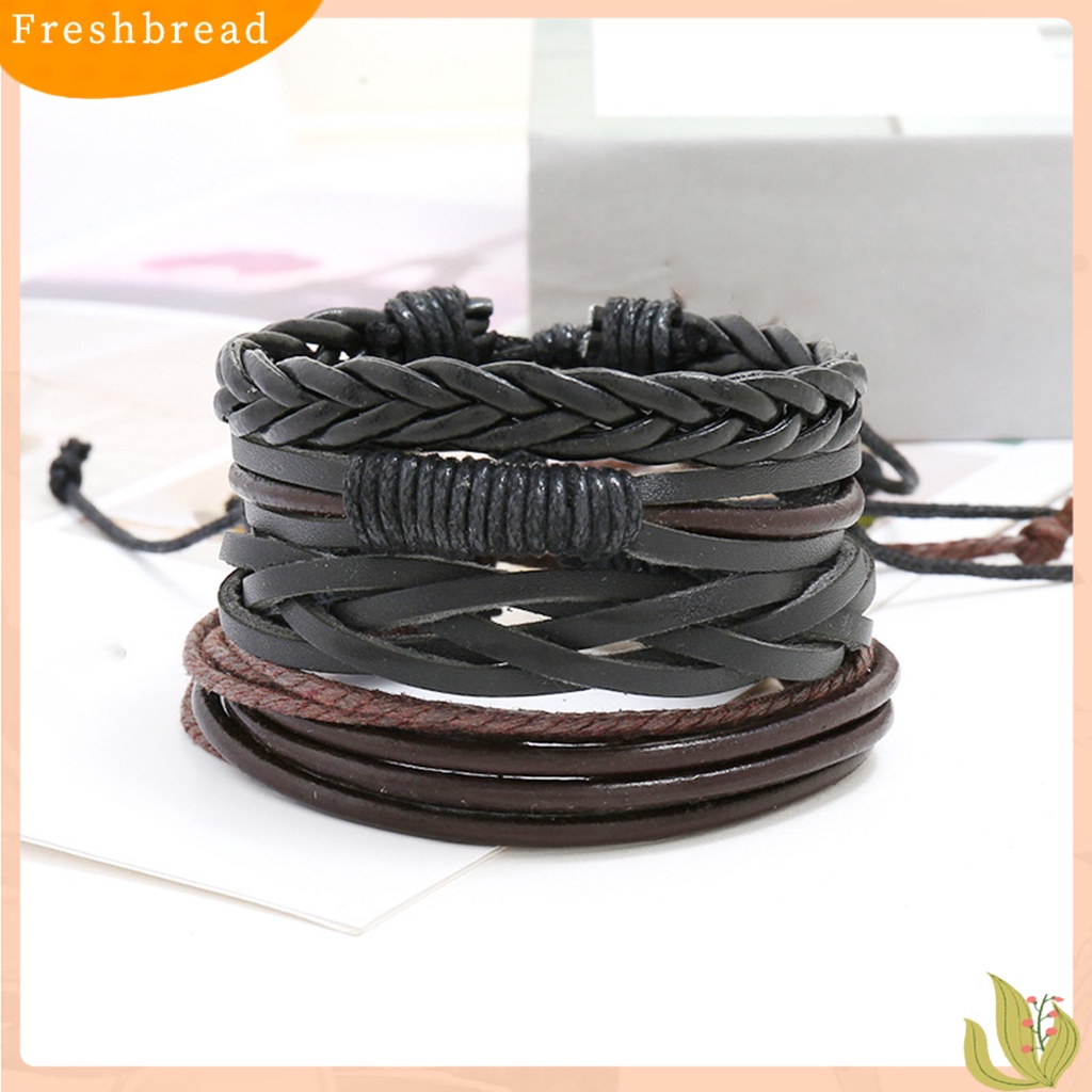 &lt; Freshbread &gt; 4Pcs/Set Multi-layer Kulit Imitasi Dikepang Gelang Tali Linen Adjustable Handmade Unisex Bracelets Perhiasan Aksesoris