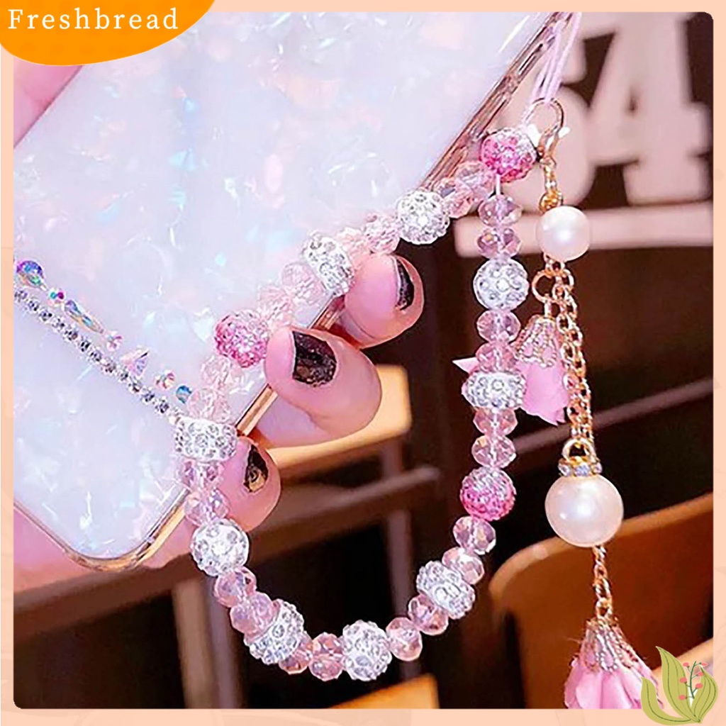 &lt; Freshbread &gt; Wanita Gelang Kristal Imitasi Manik-Manik Bunga Liontin Mutiara Imitasi Pendek Hias Portabel Lady Gelang Ponsel Tali Lanyard Aksesori Busana