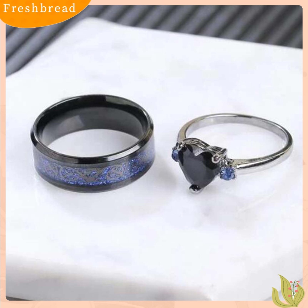 &lt; Freshbread &gt; 2Pcs/Set Cincin Pasangan Permukaan Halus Lebar Paduan Hati Permata Imitasi Garis Biru Jari Rings Pesona Perhiasan