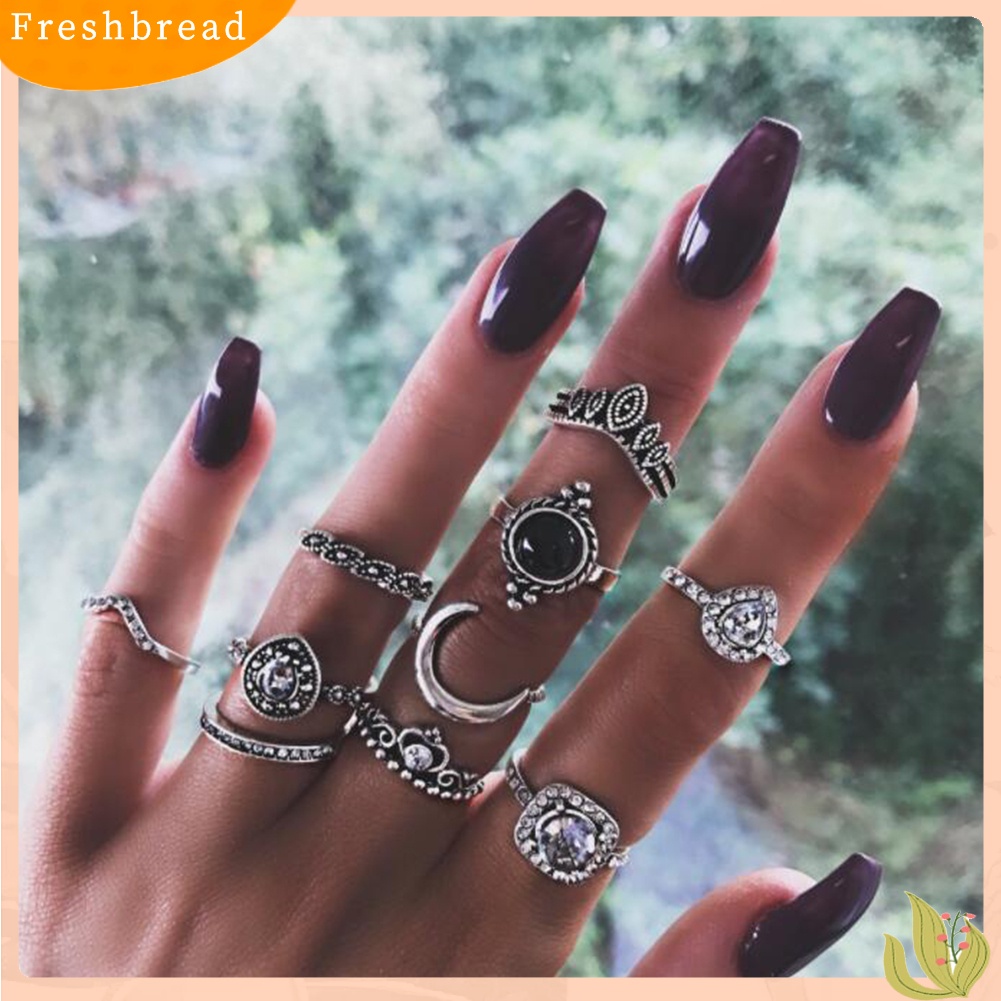 &lt; Freshbread &gt; 10Pcs Vintage Mahkota Pir Berlian Imitasi Wanita Knuckle Midi Jari Susun Rings