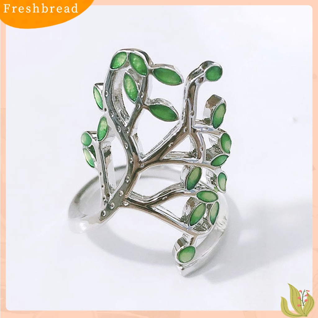 &lt; Freshbread &gt; Cincin Unisex Bukaan Adjustable Tembaga Cabang Hijau Daun Cincin Perhiasan Aksesoris