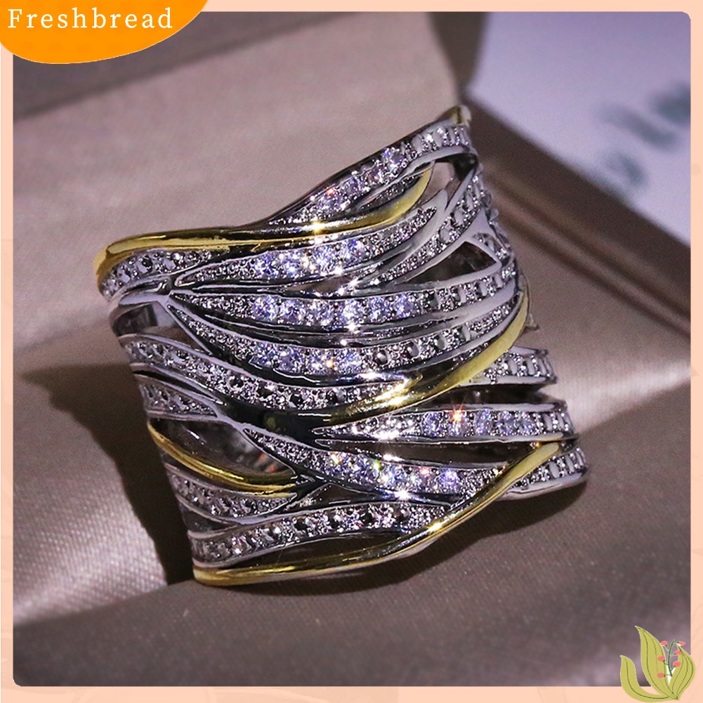 &lt; Freshbread &gt; Lady Two Tone Berlian Imitasi Bertatahkan Crossover Multi-layer Jari Cincin Perhiasan Pesta