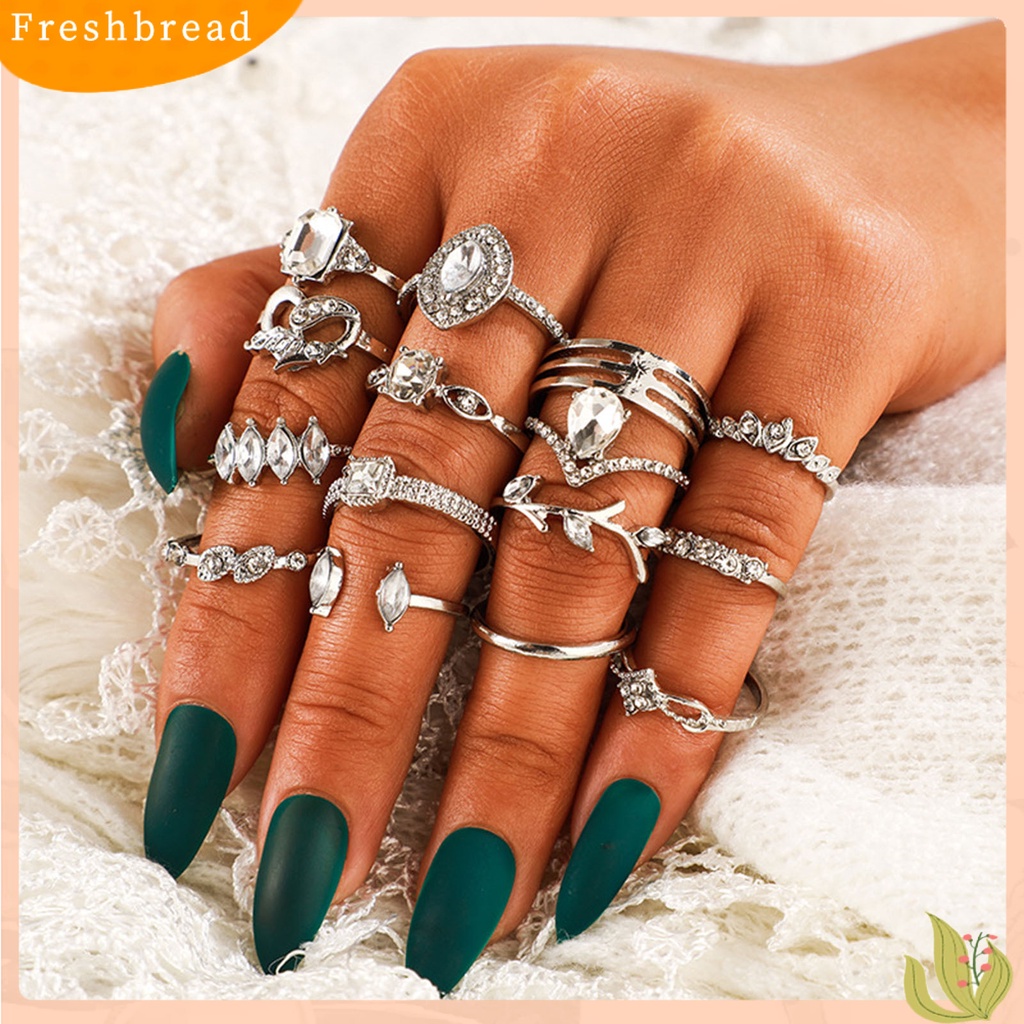 &lt; Freshbread &gt; 15Pcs/Set Cincin Fashion Kerajinan Tangan Geometris Hati Kristal Imitasi Perhiasan Ring Untuk Pesta