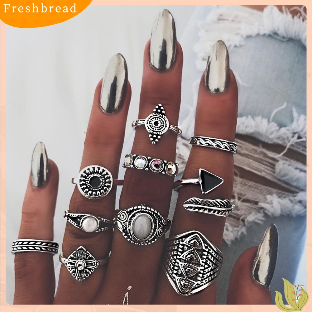 &lt; Freshbread &gt; 10Pcs/Set Boho Wanita Retro Sun Feather Arrow Ukir Buku Jari Midi Susun Rings