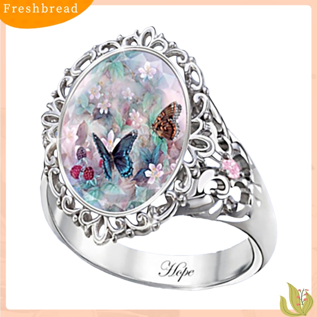 &lt; Freshbread &gt; Aksesori Perhiasan Wanita Dekorasi Elegan Potongan Oval Enamel Bunga Butterfly Ring Untuk Pesta