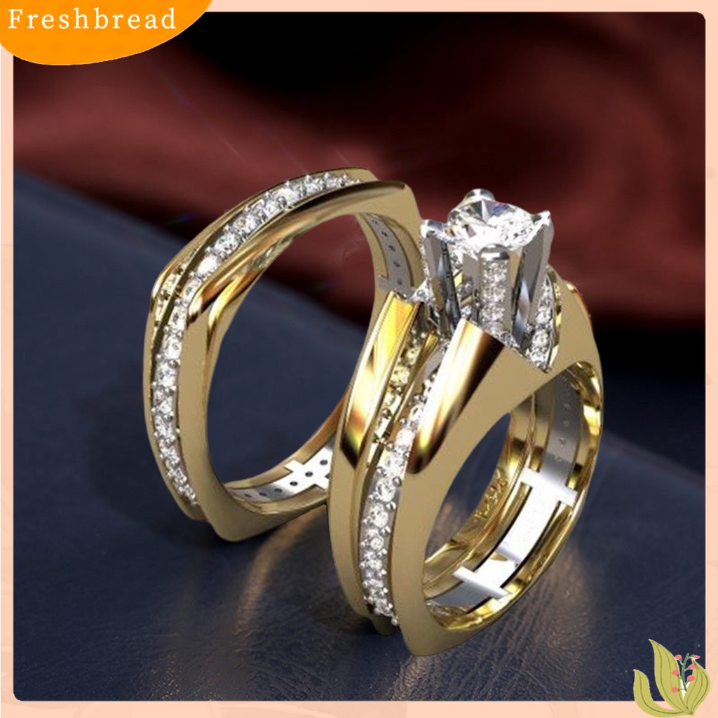 &lt; Freshbread &gt; 2Pcs Wanita Cincin Duawarna Berlapis Emas Mengkilap Geometris Berkilau Dekorasi Hadiah Cubic Zirconia Hias Pernikahan Pertunangan Rings Perhiasan Untuk Pacar