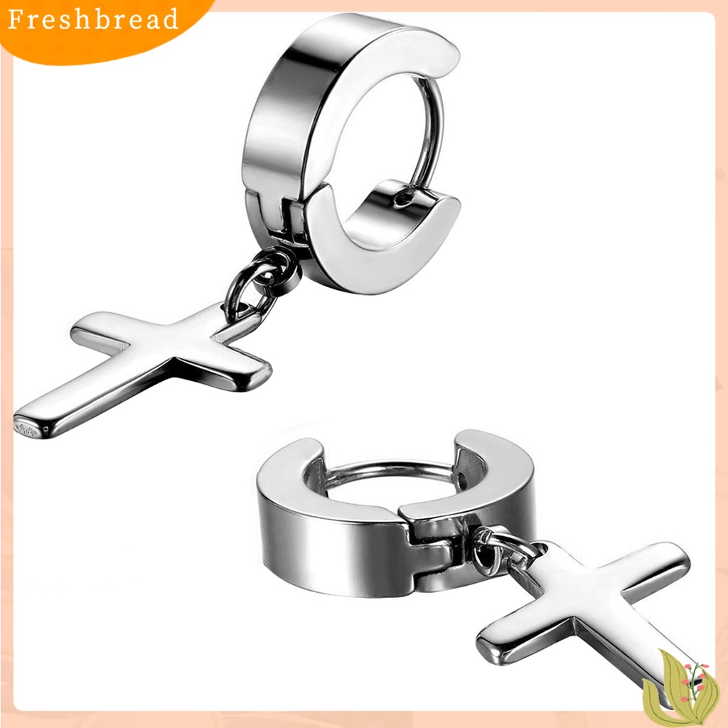 &lt; Freshbread &gt; 1pasang Ear Dangle Cross Pendant Anting Hoop Berengsel Huggie Stainless Steel Ramah Lingkungan Untuk Pria