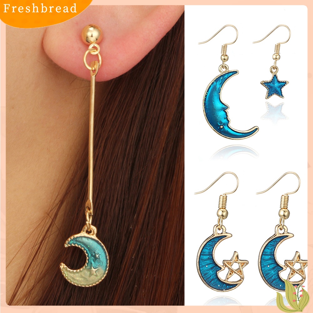 &lt; Freshbread &gt; Biru Matahari Bulan Bintang Rumbai Menjuntai Kait Telinga Wanita Fashion Anting Perhiasan Hadiah