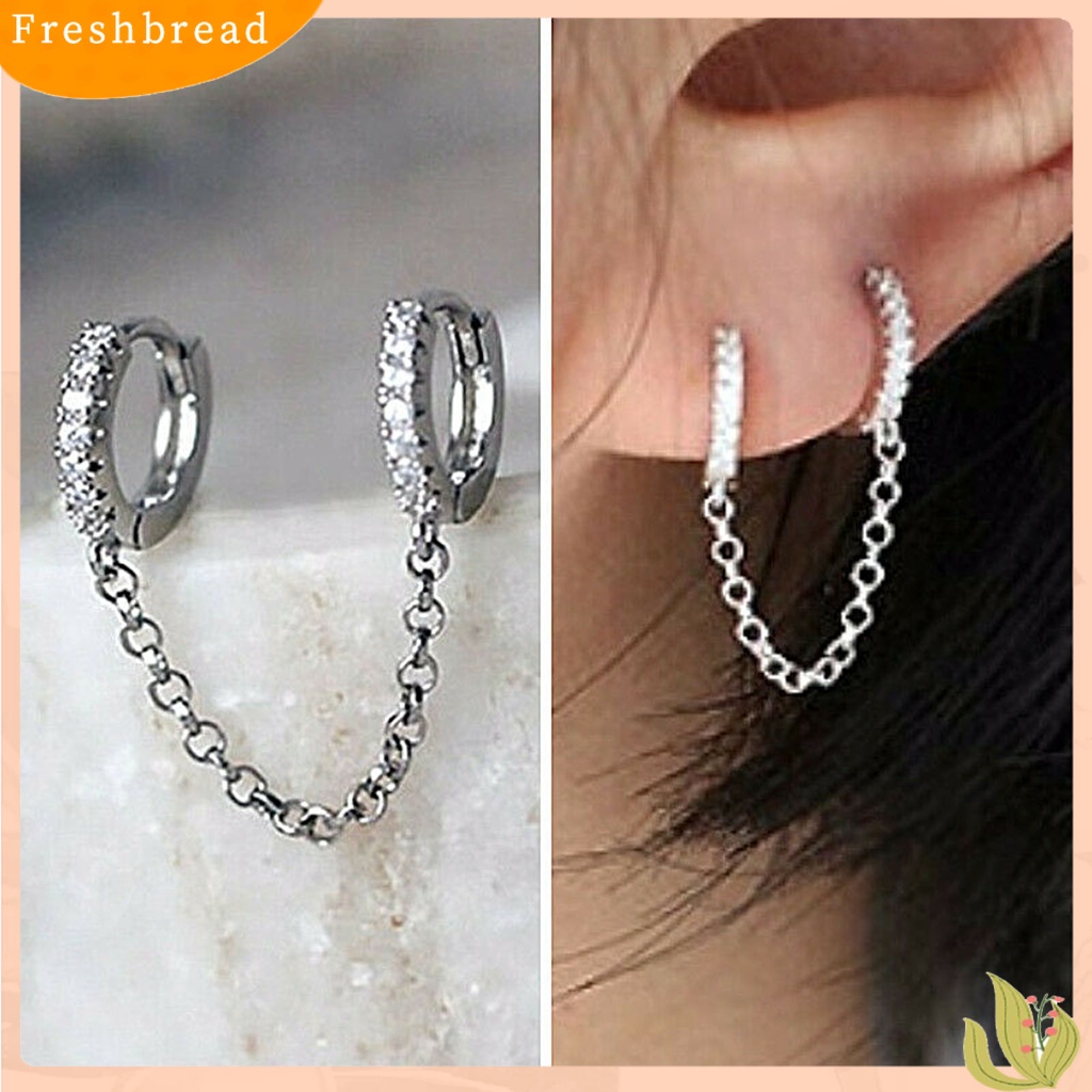 &lt; Freshbread &gt; 1pasang Anting Hoop Rantai Rumbai Cubic Zirconia Wanita Shiny Double Ear Piercing Lingkaran Earrings Perhiasan Aksesoris
