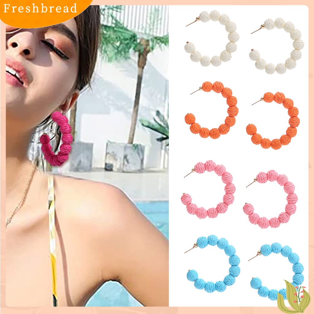 &lt; Freshbread &gt; 1pasang Anting Tusuk Bentuk C Bola Bulat Perhiasan Bohemian Braided Earrings Untuk Liburan