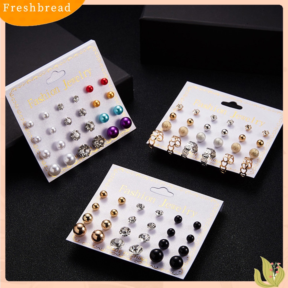 &lt; Freshbread &gt; 12pasang Fashion Wanita Zirkon Berlian Imitasi Hias Mutiara Imitasi Stud Earrings Jewelry