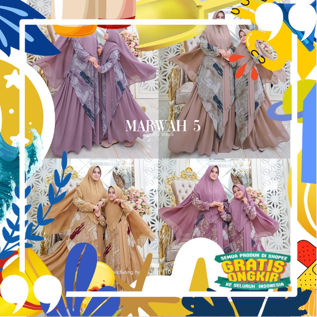 Zahira1808 Syari Couple Marwah 5 Ceruty Baby Doll Ori Best Seller Gamis Anak Dengan Khimar Ibu Dan A