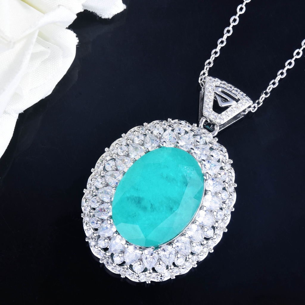 Goldkingdom Fashion Perhiasan Aksesoris Ready Stock Mewah Full Berlian Vintage Kalung Danau Biru Paraiba Berbentuk Telur Karat Besar Tourmaline Pendant